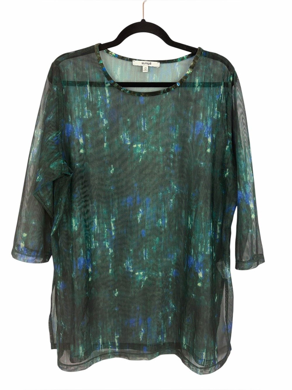 Sympli Canada Sheer Mesh Overlay Top Size 14 Abstract Blue Green Print Tunic
